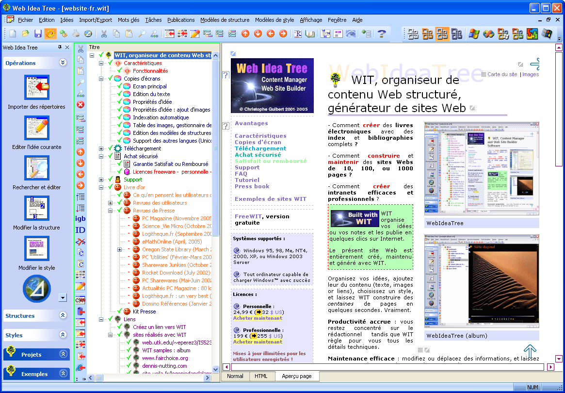 Arbre des id�es (� gauche), aper�u (� droite)