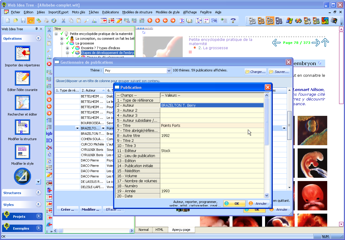 Tabella delle immagini (in fondo a destra), gestione dei record bibliografici (in primo piano)