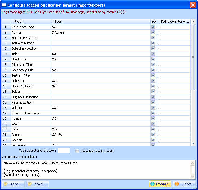 Configure the tagged import format : map fields to WIT default bibliographic fields