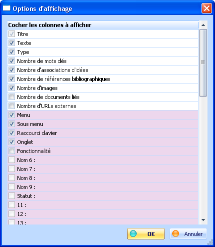 Fig 4.4 : Choix des colonnes à afficher dans la vue principale