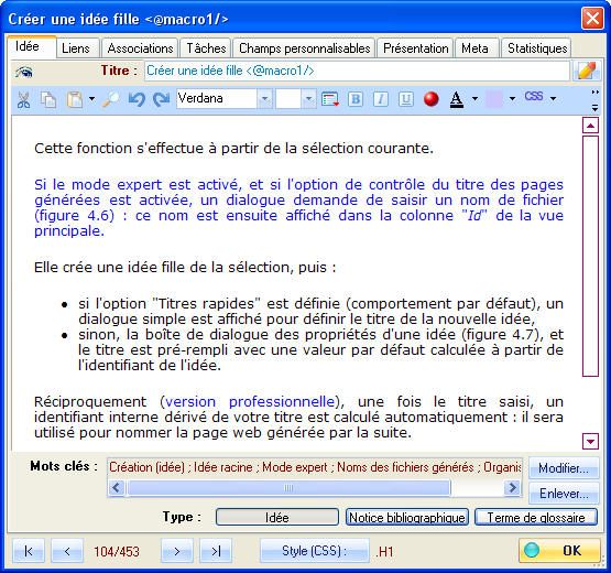 Fig 4.7 : Propriétés d'une idée.