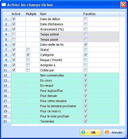Options des champs tâches