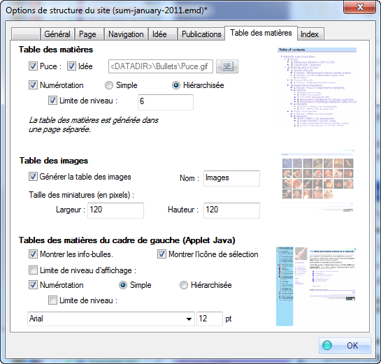 Figure 12 : options de table des matières