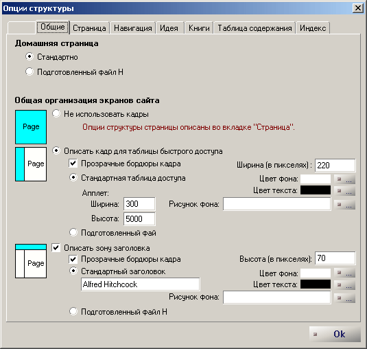 Рисунок 7 : Общие опции сайта Web (кадры)