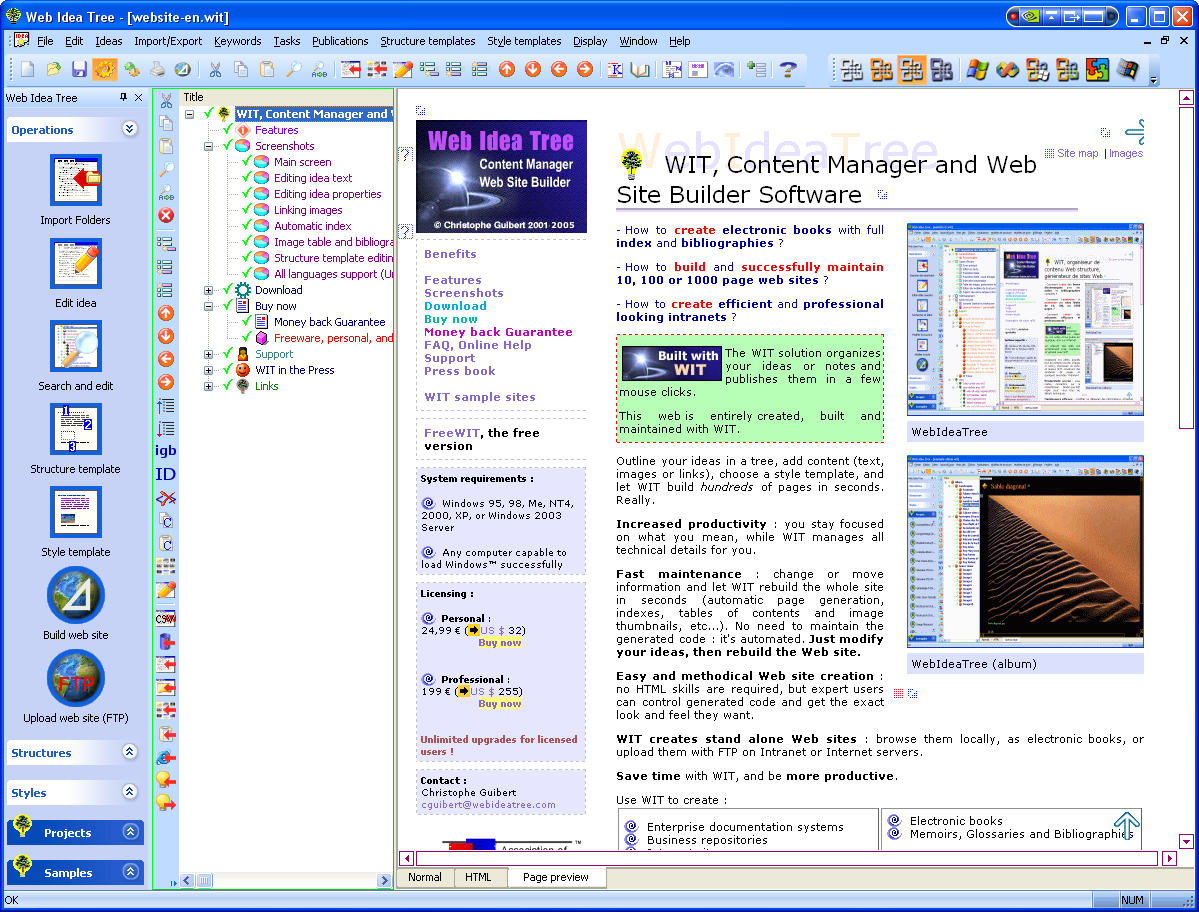 Hoofdscherm : ideeboom (links), preview (rechts)