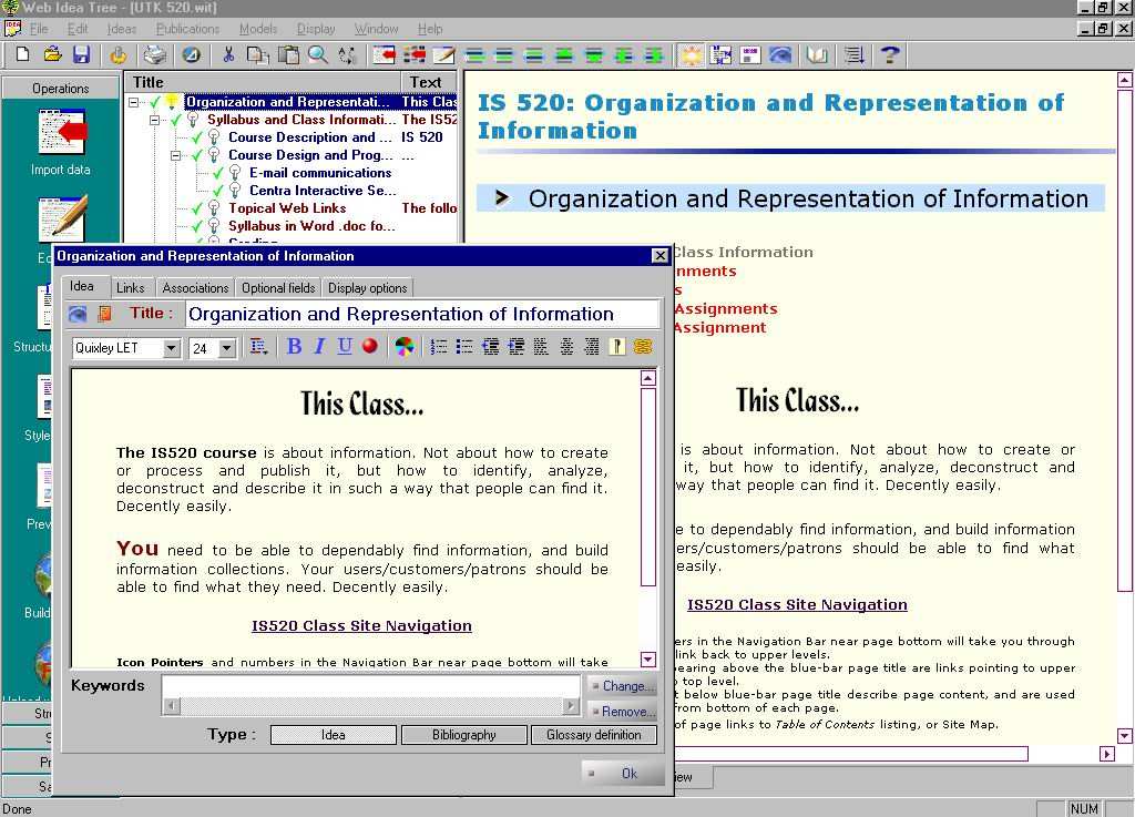 Figure 1 - WebIdeaTree working screen, showing 'idea' outliner partially covered by text editor window, with associated Page Preview on right side of screen.