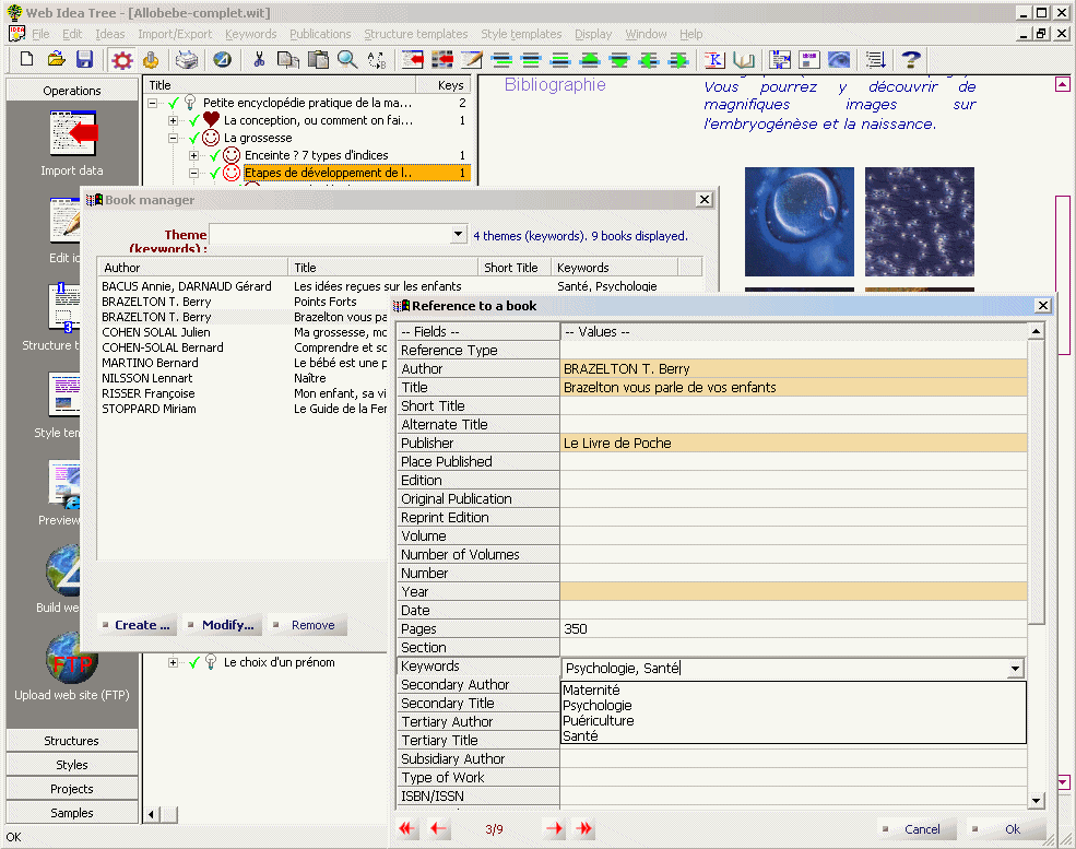 Tabel miniaturek ilustracji (po prawej) i menedżer bibliografii (po lewej)