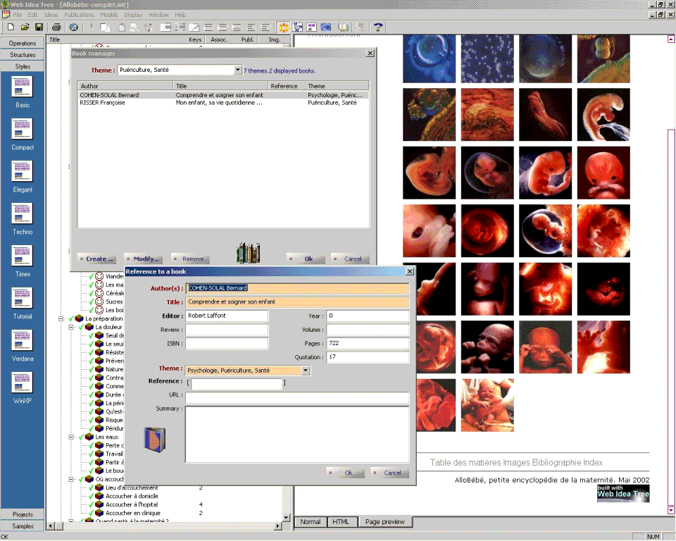 Таблица эскизов рисунков (справа), и диспетчер библиографии (слева)