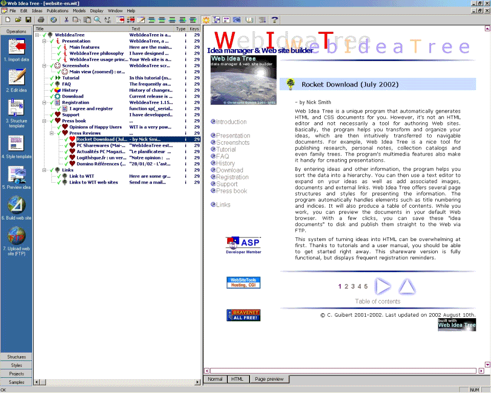Главный экран : структура идей (слева), предпросмотр (справа)